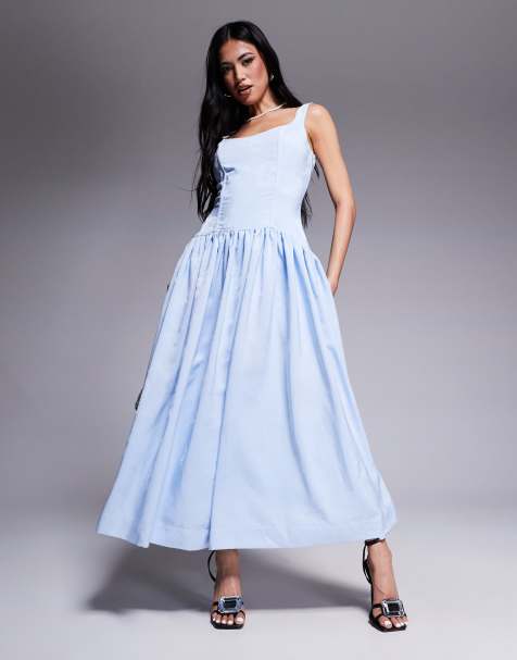 Rare London - Maxi jurk met structuur, lage ronde hals en verlaagde taille in poederblauw - view 1