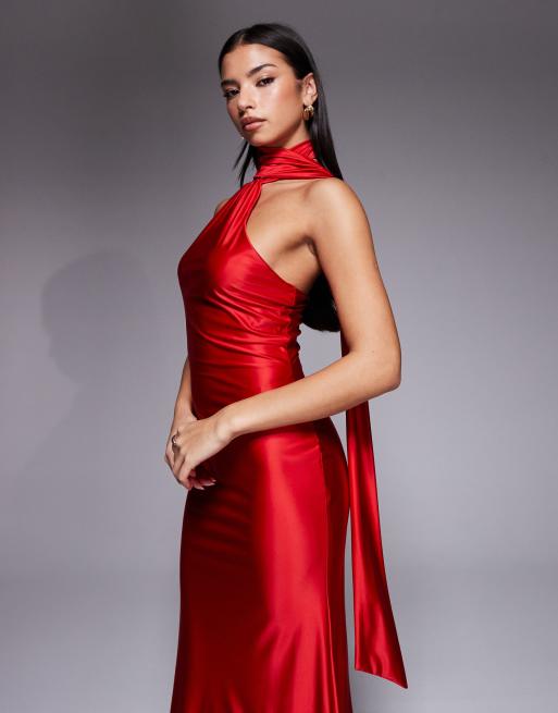 Rare London - Maxi jurk van stretchsatijn met asymmetrisch sjaaldetail in rood, 4 van 4