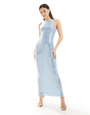 Rare London - Maxikleid in Babyblau mit Paillettenbesatz und Racerneck