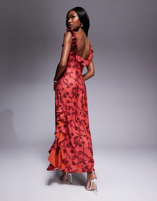 Rare London – Maxikleid in Rot mit Rüschen, gebundener Vorderseite, Schlitz und Blumenmuster, 2 von 4