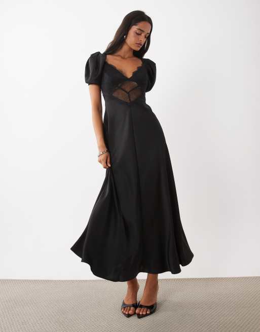 Rare London Maxikleid mit Puffärmeln und Spitzendetail in Schwarz, 2 von 4