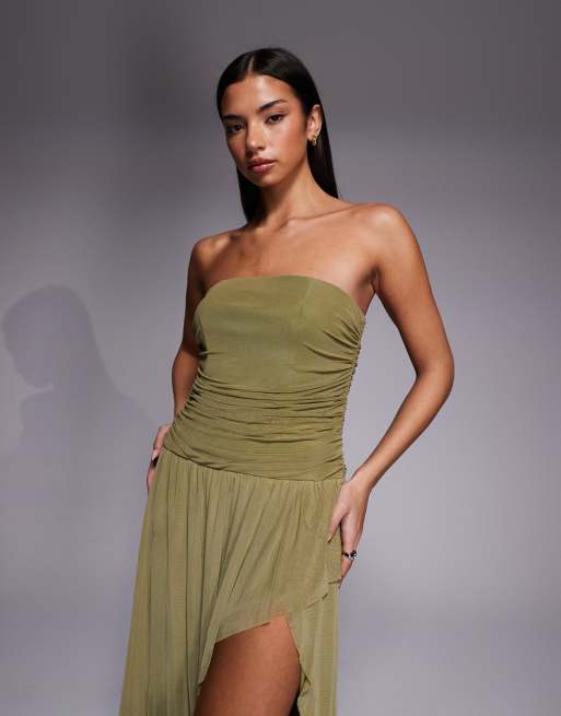Rare London mesh bandeau ruched detail asymmetric side slit maxi dress in olive, 2 of 4