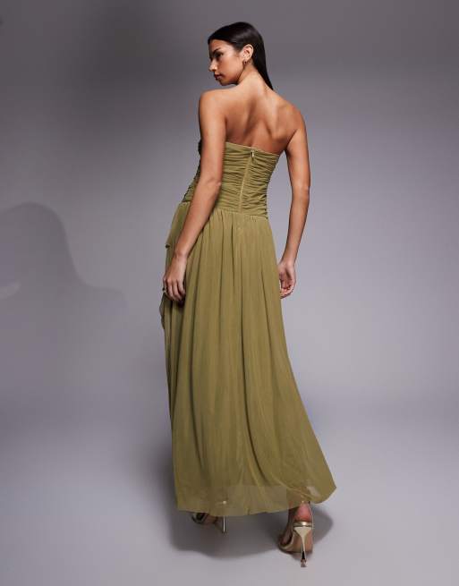 Rare London mesh bandeau ruched detail asymmetric side slit maxi dress in olive, 3 of 4