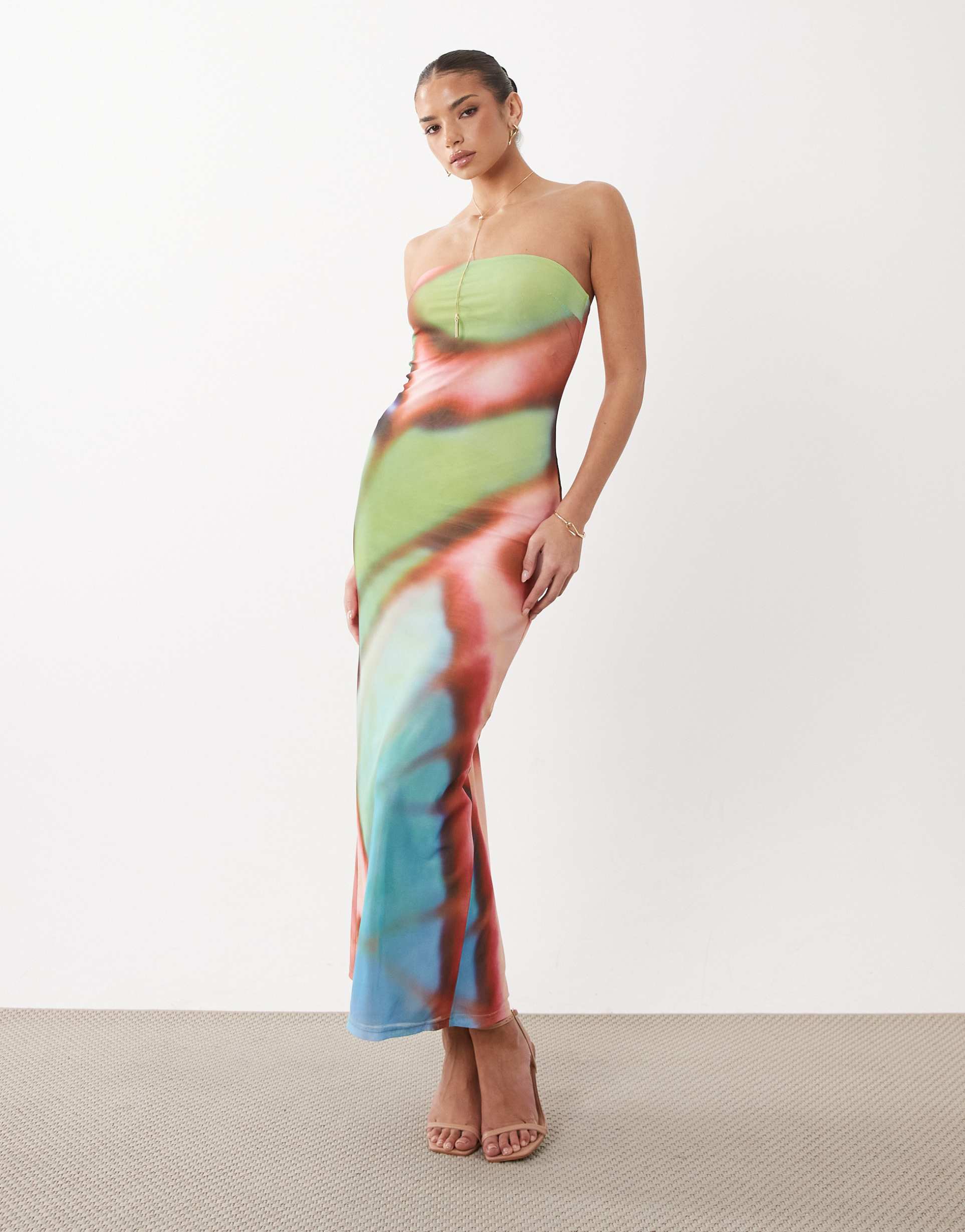 rare london mesh bandeau slinky maxi dress in multi butterfly print