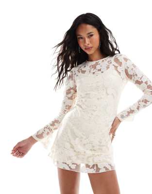 London mesh burnout mini dress with bell sleeve in cream-White