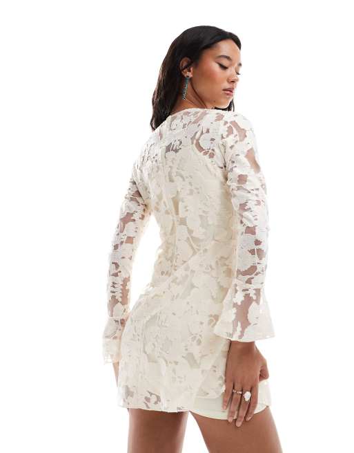 Rare London mesh burnout mini dress with bell sleeve in