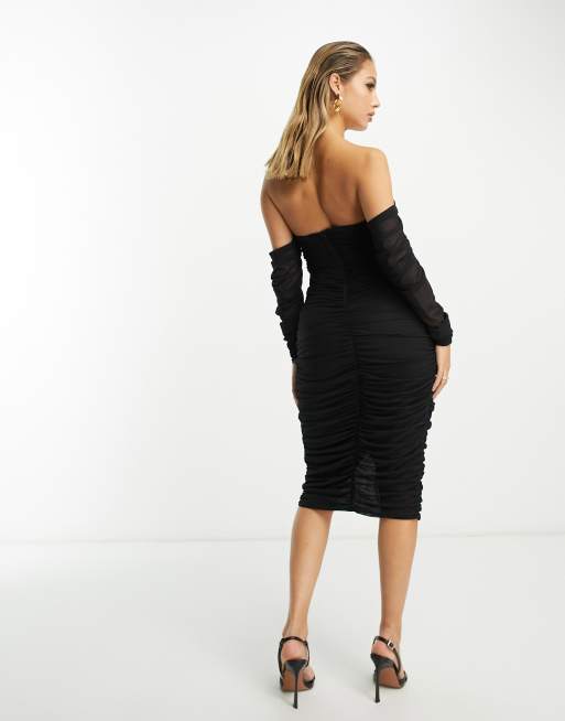 ASOS Long Sleeve Mesh Corset Midi Dress in Black