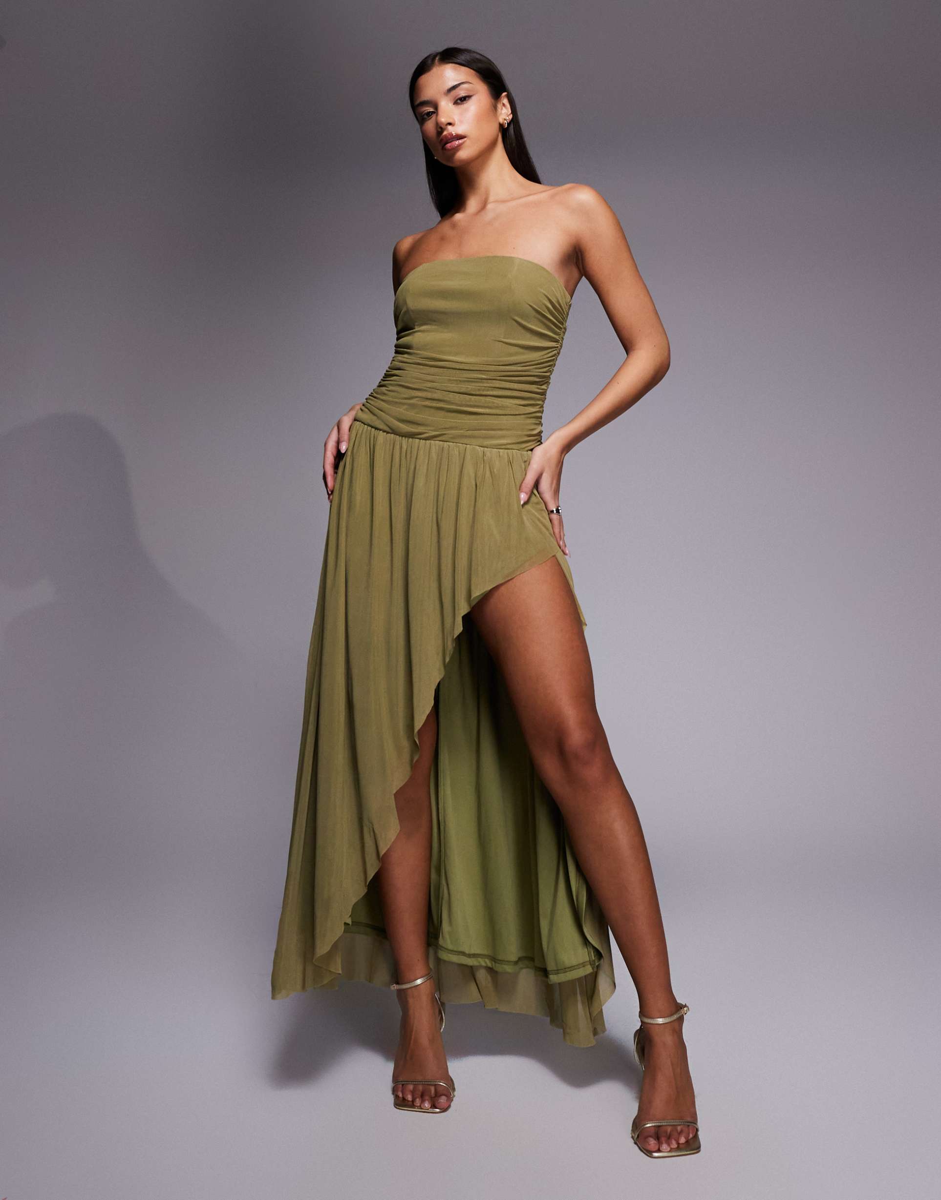 rare london mesh strapless ruched detailing asymmetric side slit maxi dress in olive