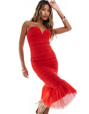 London mesh sweetheart bandeau midi dress with asymmetric hem in red