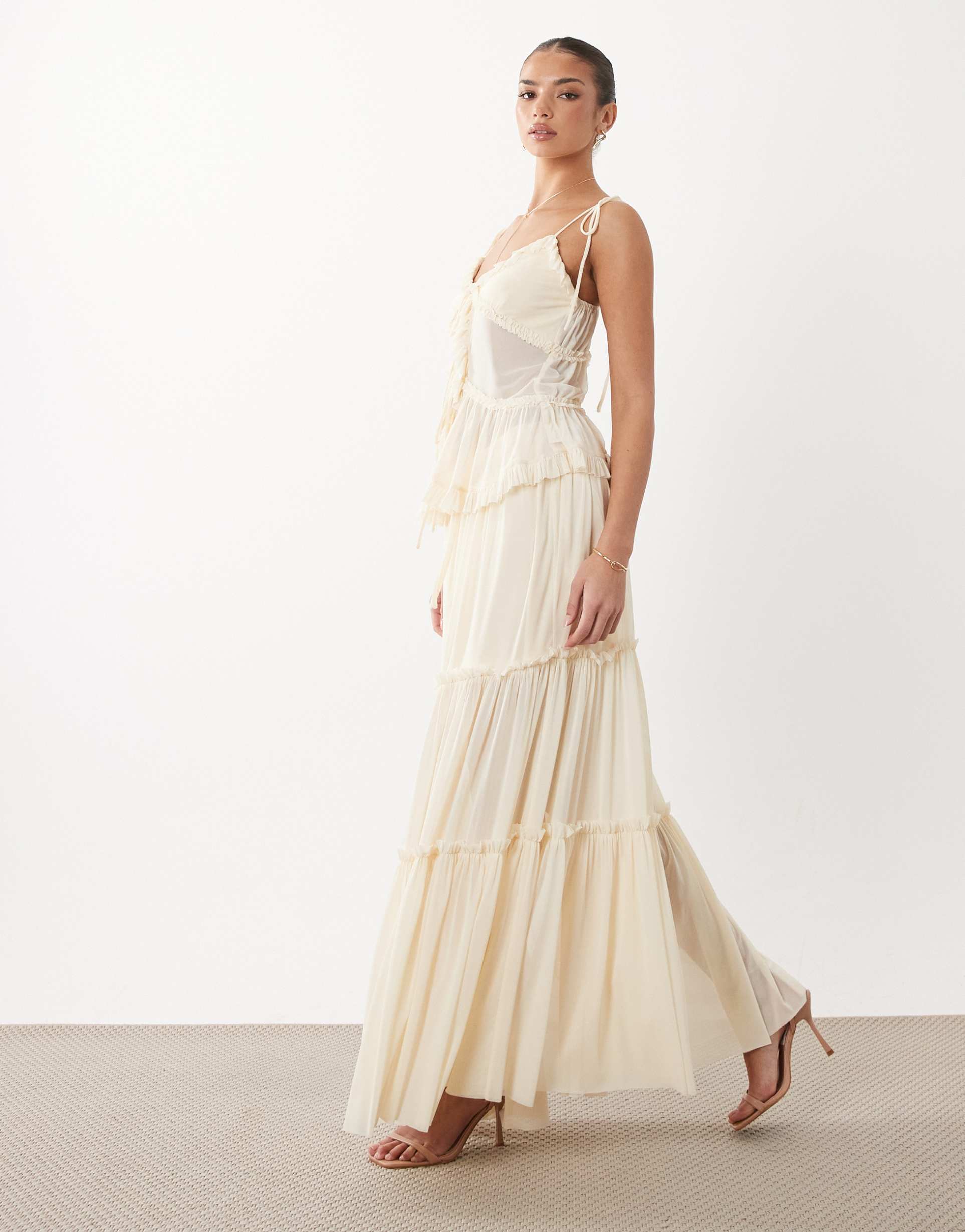 rare london mesh tiered frill edge maxi skirt in cream, part of a set