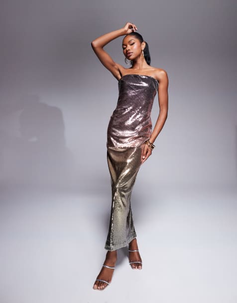 Rare London – Metaliczna cekinowa sukienka maxi bodycon z dekoltem bandeau i efektem ombre - view 1