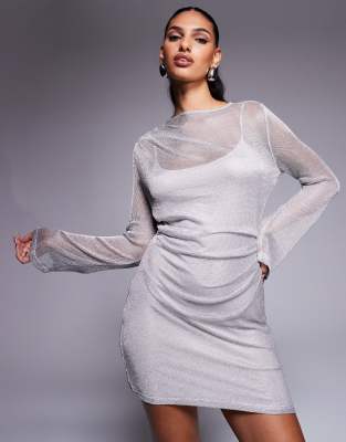 London metallic knit flared sleeve mini dress in silver