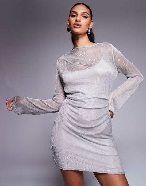 Rare London metallic knit flared sleeve mini dress in silver - view 1