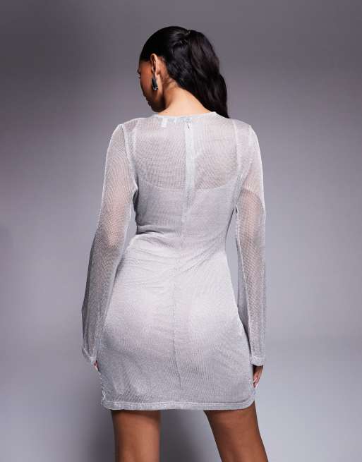 Rare London metallic knit flared sleeve mini dress in silver