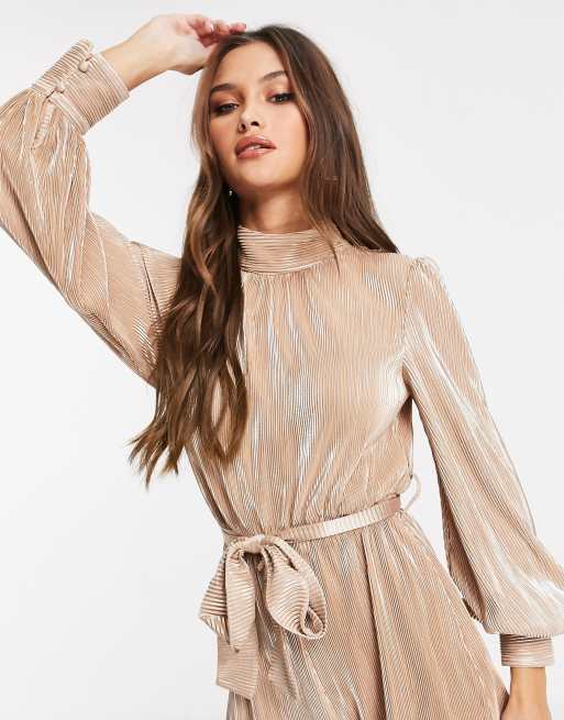 Gold plisse balloon sleeve sheer hot sale shift dress