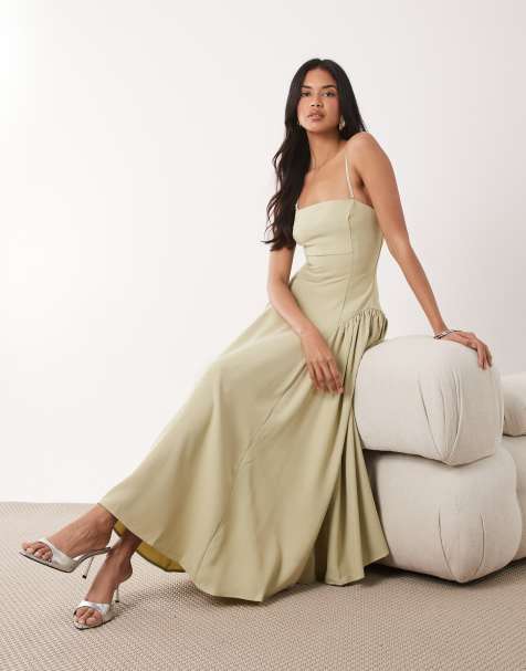 Rare London - Midi bandeau-jurk met aangerimpelde taille in olijfgroen - view 1