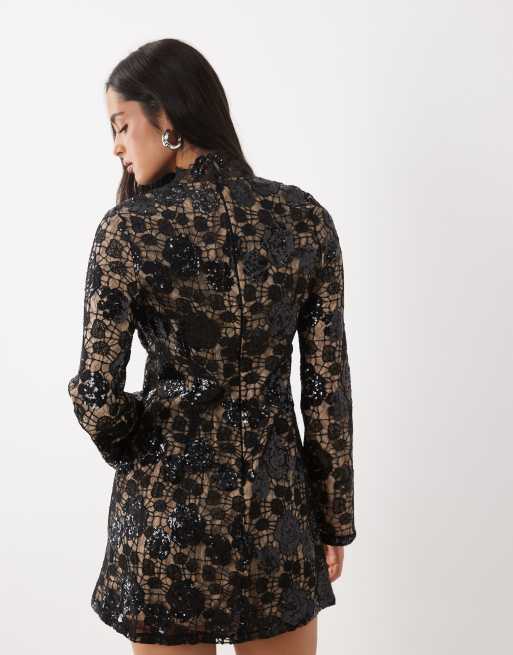 Rare London mini dress in pizzo con paillettes e dettaglio alla coreana nero, 4 di 4