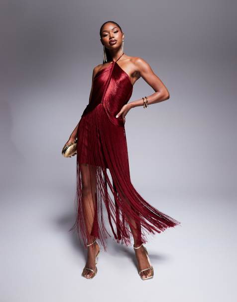 Rare London – Minikleid in Rot mit Neckholder und Fransendetail - view 1