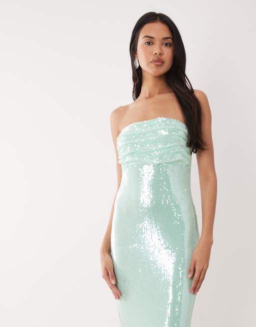 Rare London - Mintgrøn bandeau-maxikjole med rynket bryst og pailletter, 2 af 4