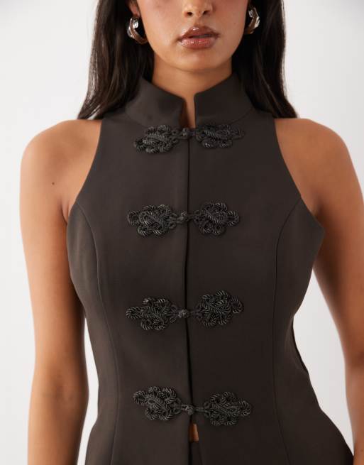 Rare London Napoleon button detail mini dress in chocolate, 3 of 4