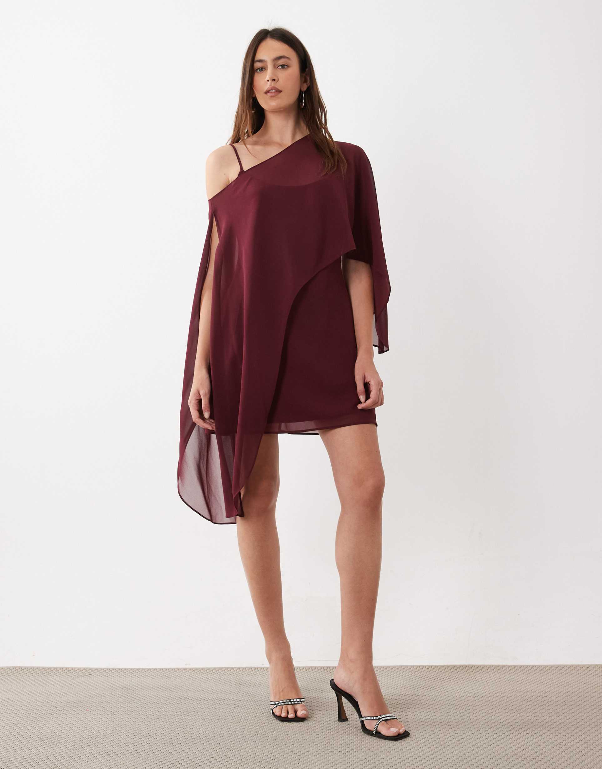 rare london off shoulder cape drape detail mini dress in plum