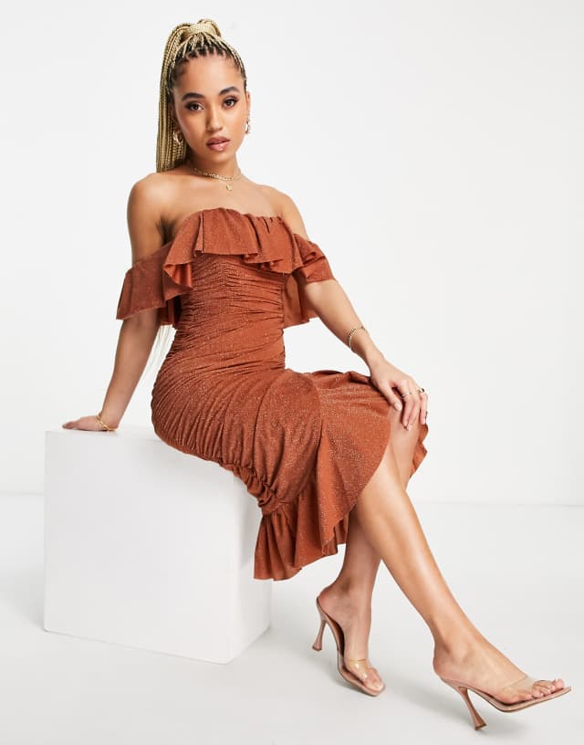 Rare - london off shoulder frill draped mesh midi dress in bronze