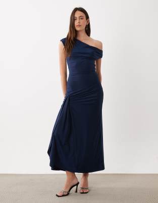 Rare London Off Shoulder Gathered Side Detail Maxi Dress In Navy