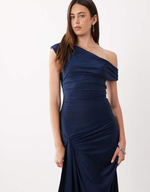 Rare London off shoulder gathered side detail maxi dress in navy, 4 of 4