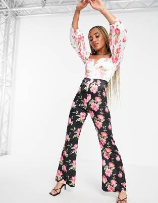 Rare London off shoulder jumpsuit in two tone floral-Multi