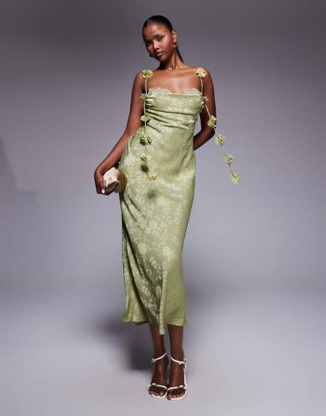 Rare London satin jacquard lace bust petal strap detail maxi dress in olive