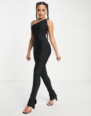 V Neck One Sleeve Cut Out Bandage Jumpsuit