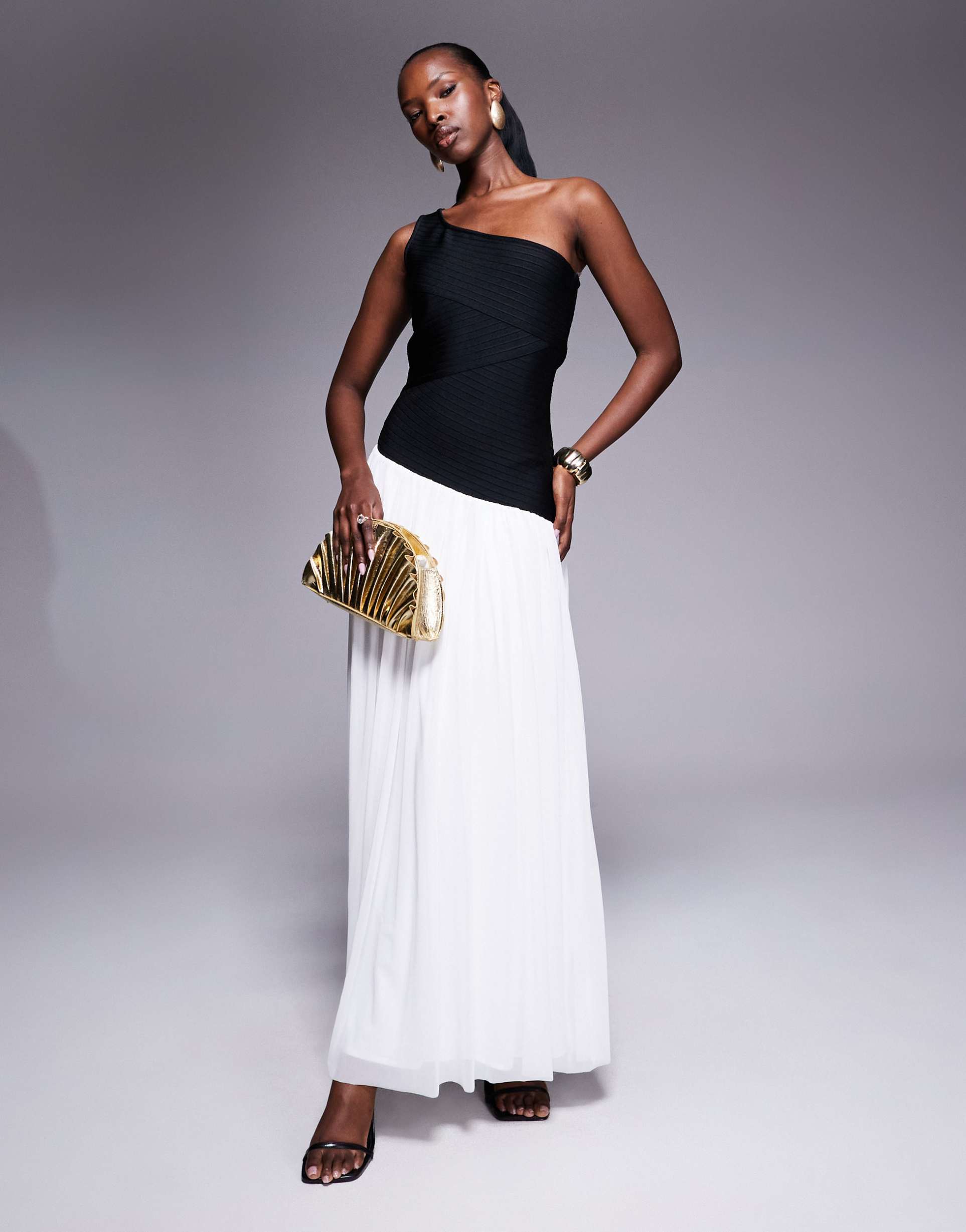 rare london one shoulder dropped waist contrast tulle maxi dress in black and white