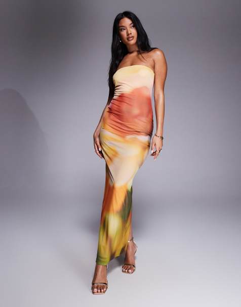 Rare London - Orange bandeau-maxikjole i mesh med sløret blomsterprint - view 1