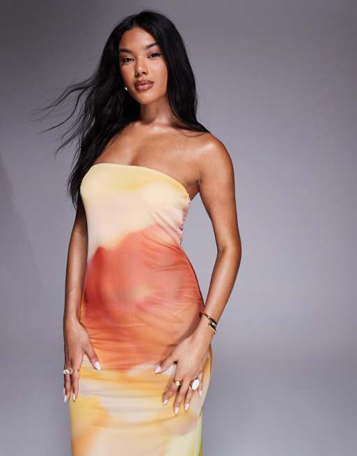 Rare London - Orange bandeau-maxikjole i mesh med sløret blomsterprint, 3 af 4