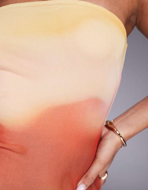 Rare London - Orange bandeau-maxikjole i mesh med sløret blomsterprint, 4 af 4