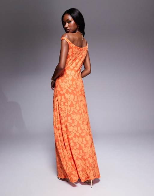Rare London – Orangeblommig, asymmetrisk maxiklänning i devoré med draperad axel, 2 av 4