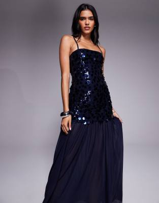 Rare London Paillette Sequined Sheer Hem Cami Maxi Dress In Blue