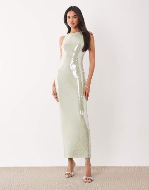 Rare London – Pailletten-Midikleid in Hellgrün mit Ringerrücken - view 1