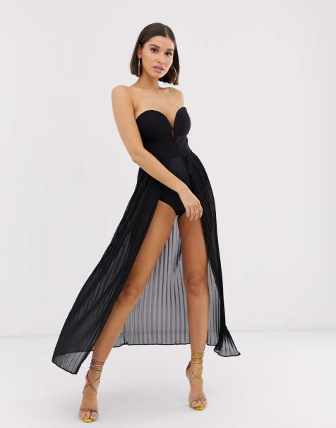 Rare London – Plissiertes Maxi-Bodysuit-Kleid in Schwarz