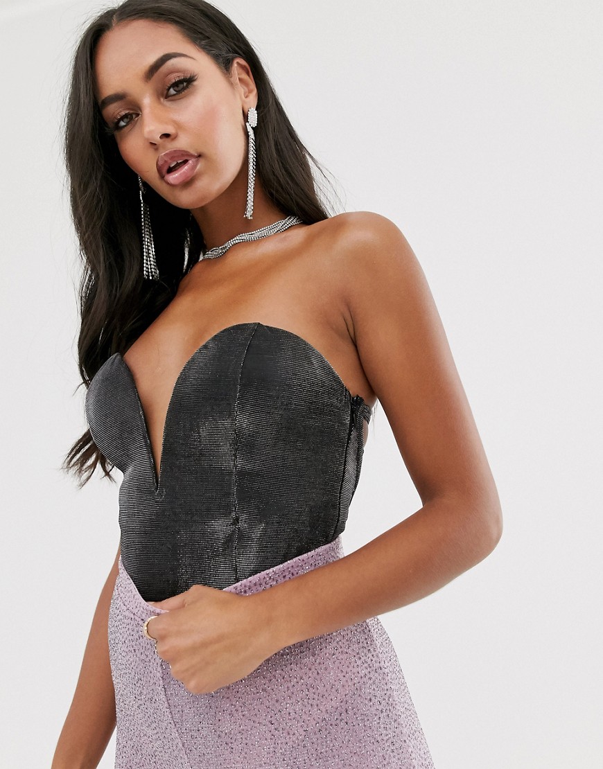 Rare London plunge front body with lace up back detail in metallic gunmetal-Grey