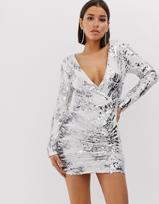 Rare London plunge front sequin mini dress in white and silver