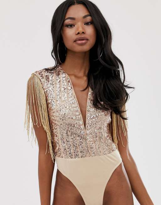 Rare London plunge sequin tassel bodysuit in rose gold