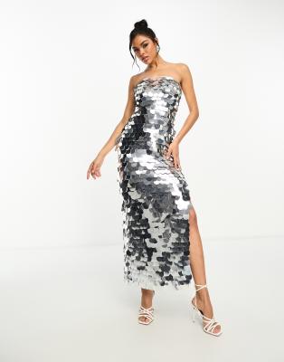 Rare London Premium Bandeau Sequin Disc Maxi Dress In Silver