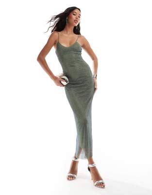 London premium diamante cami midi dress in khaki-Green