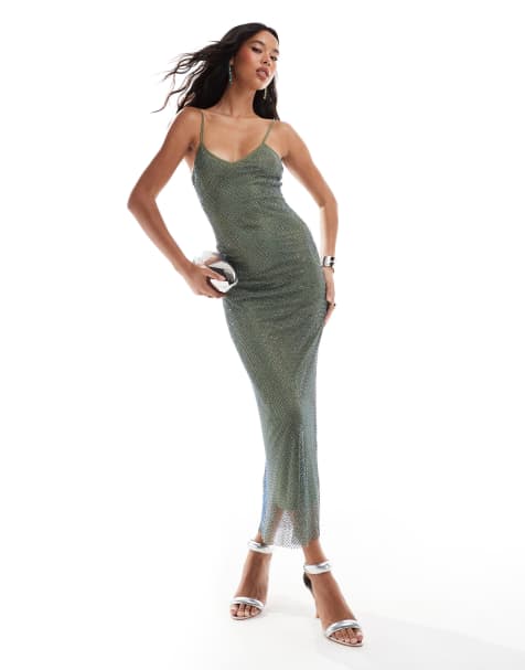 Rare London premium diamante cami midi dress in khaki - view 1