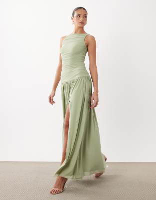 Rare London Premium Slinky Mesh Sleeveless Ruched Split Front Maxi Dress In Green