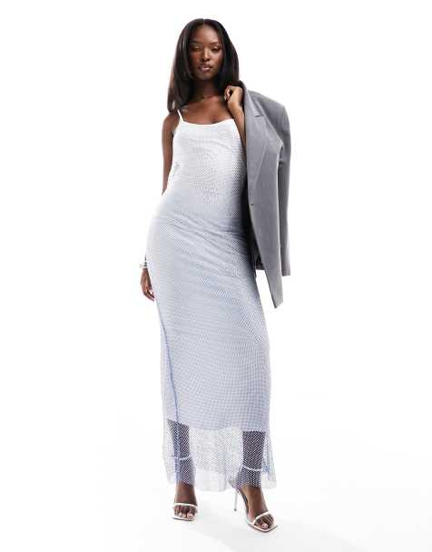 Rare London Premium strappy ombre diamante midi dress in white and blue - view 1
