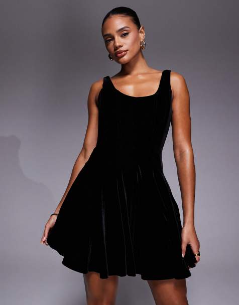 Rare London premium velvet scoop neck pleated skirt skater mini dress in black - view 1
