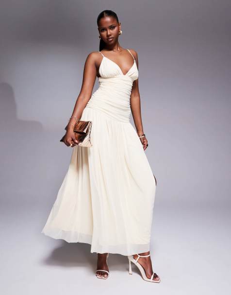 Rare London slinky drape detail dropped waist cami dress in cream