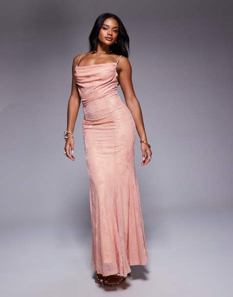 Rare London devore cowl neck fishtail maxi dress in blush